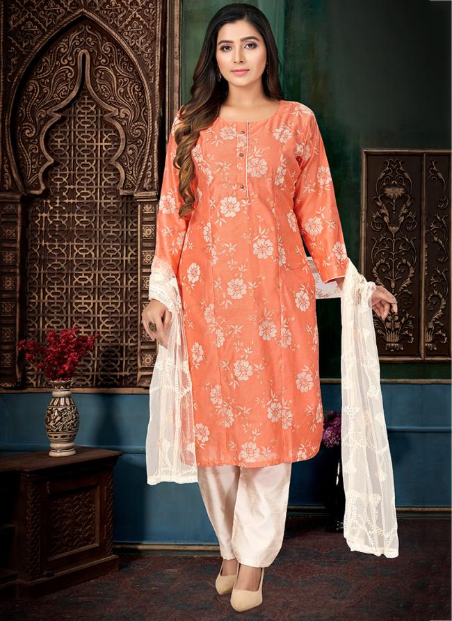 Peach Chanderi Silk Tradional Wear Embroidery Work Readymade Salwar Suit